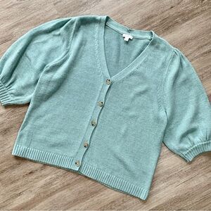 J.Jill Cotton Blend Turquoise Puff Sleeve Button Front Knit Cardigan Sweater